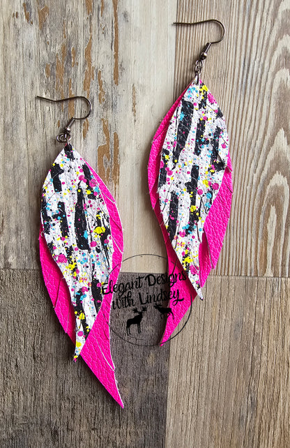 Genuine Leather Feather Earrings Pink/90s Splatter