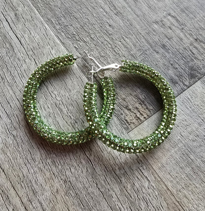 Lucky Green Rhinestone Hoop Earrings