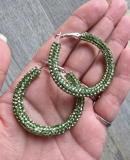 Lucky Green Rhinestone Hoop Earrings