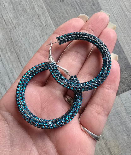 Deep Turquoise Rhinestone Hoop Earrings