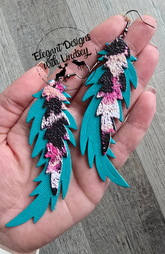 Genuine Leather Feather Earrings Teal Wave