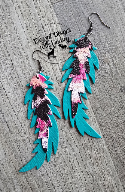 Genuine Leather Feather Earrings Teal Wave