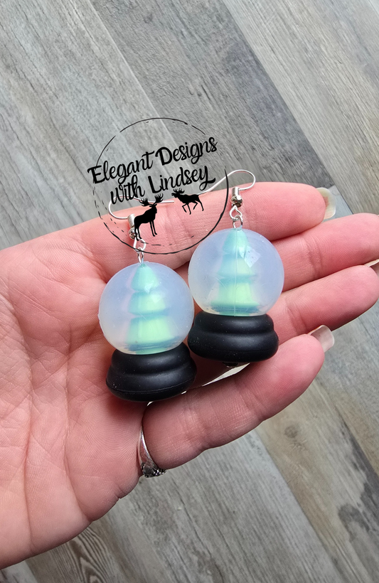 Green Tree Snow Globe Silicone Bead Earrings