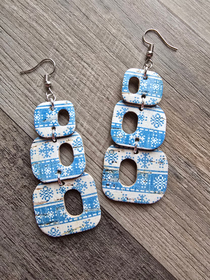 Retro Geometric Dangle Cork Backed Genuine Leather Earrings Snow Flakes