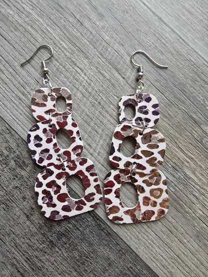 Retro Geometric Dangle Genuine Leather Earrings Hologram Leopard Print