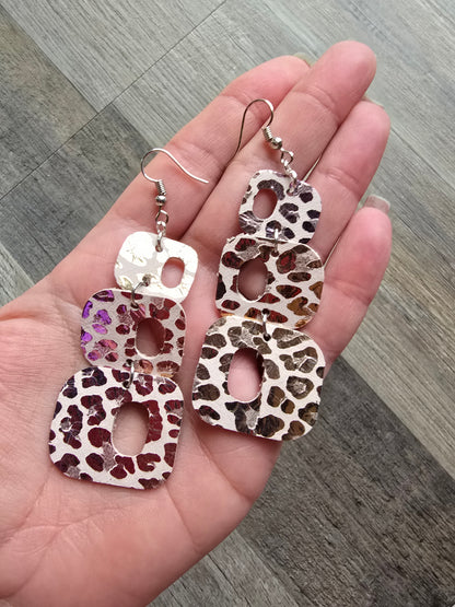 Retro Geometric Dangle Genuine Leather Earrings Hologram Leopard Print