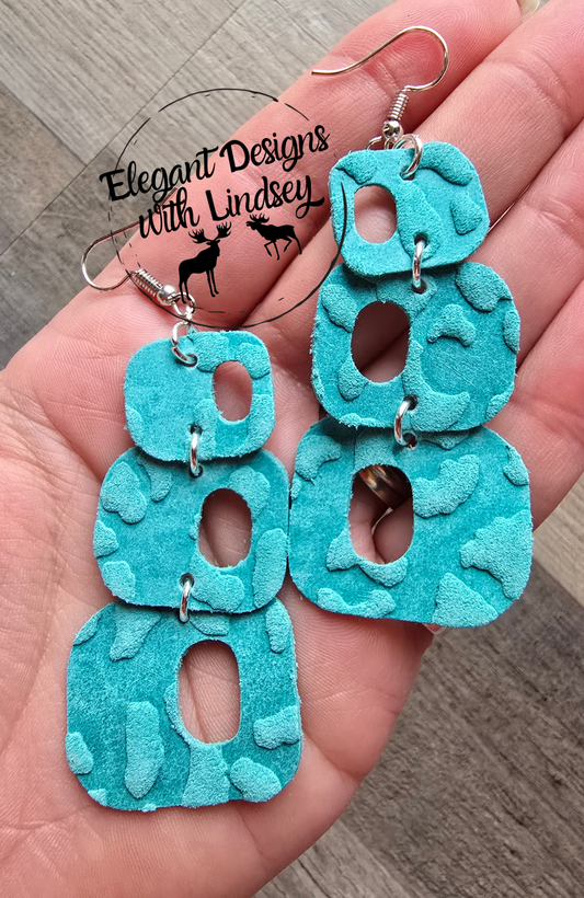 Retro Geometric Dangle Genuine Suede Earrings Embossed Turquoise