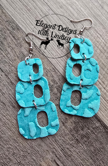 Retro Geometric Dangle Genuine Suede Earrings Embossed Turquoise