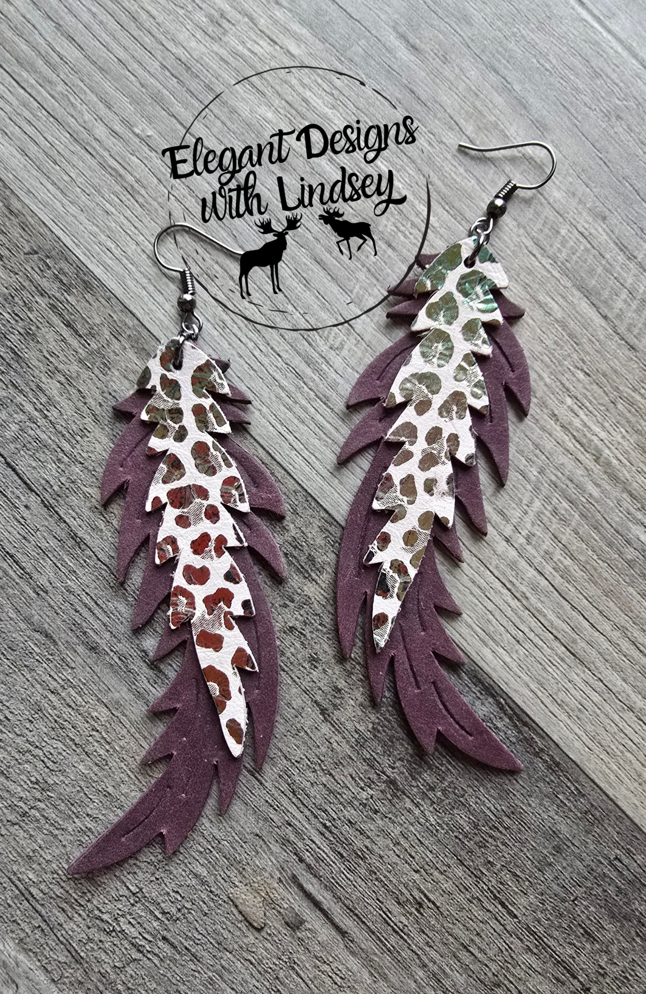 Genuine Leather Feather Earrings Dark Purple Wave w/ Hologram Leopard Print