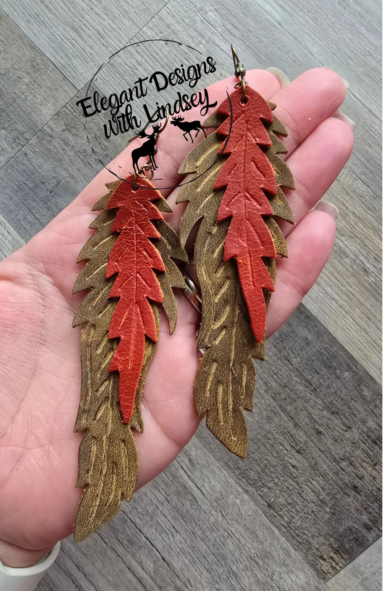 Genuine Leather Feather Earrings Orange/Mustard Yellow/Brown