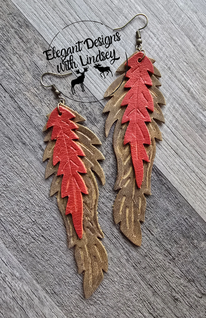 Genuine Leather Feather Earrings Orange/Mustard Yellow/Brown