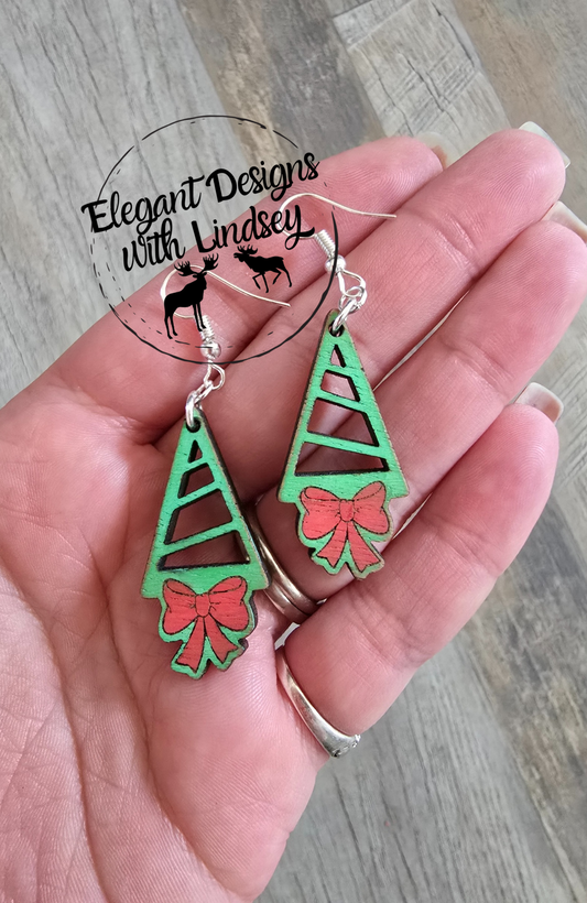 Tree W/Red Bow Tree Wood Earrings