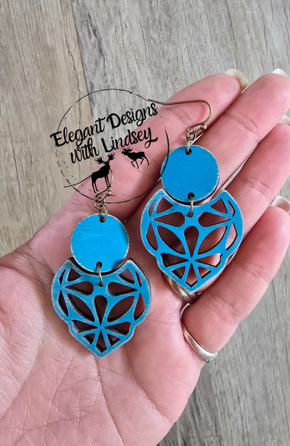 Centered Floral Scallop Yellow/Blue Wood Earrings