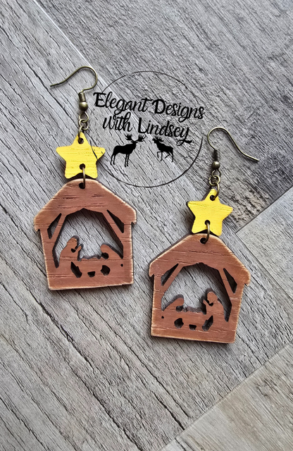 Nativity Scene w/Star Wood Earrings