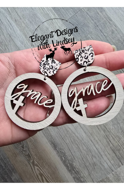 Grace Round Dial Cutout w/Cross Wood Post Dangle Earrings