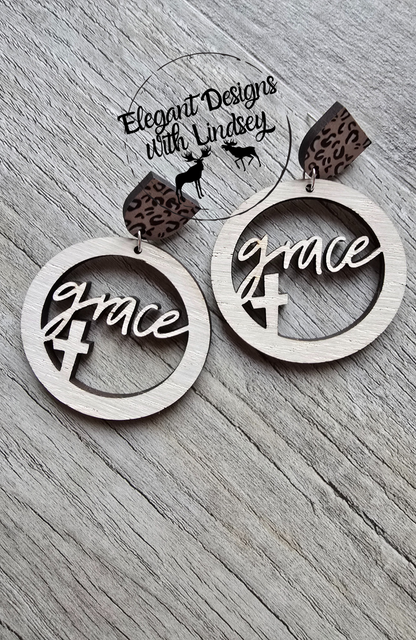 Grace Round Dial Cutout w/Cross Wood Post Dangle Earrings