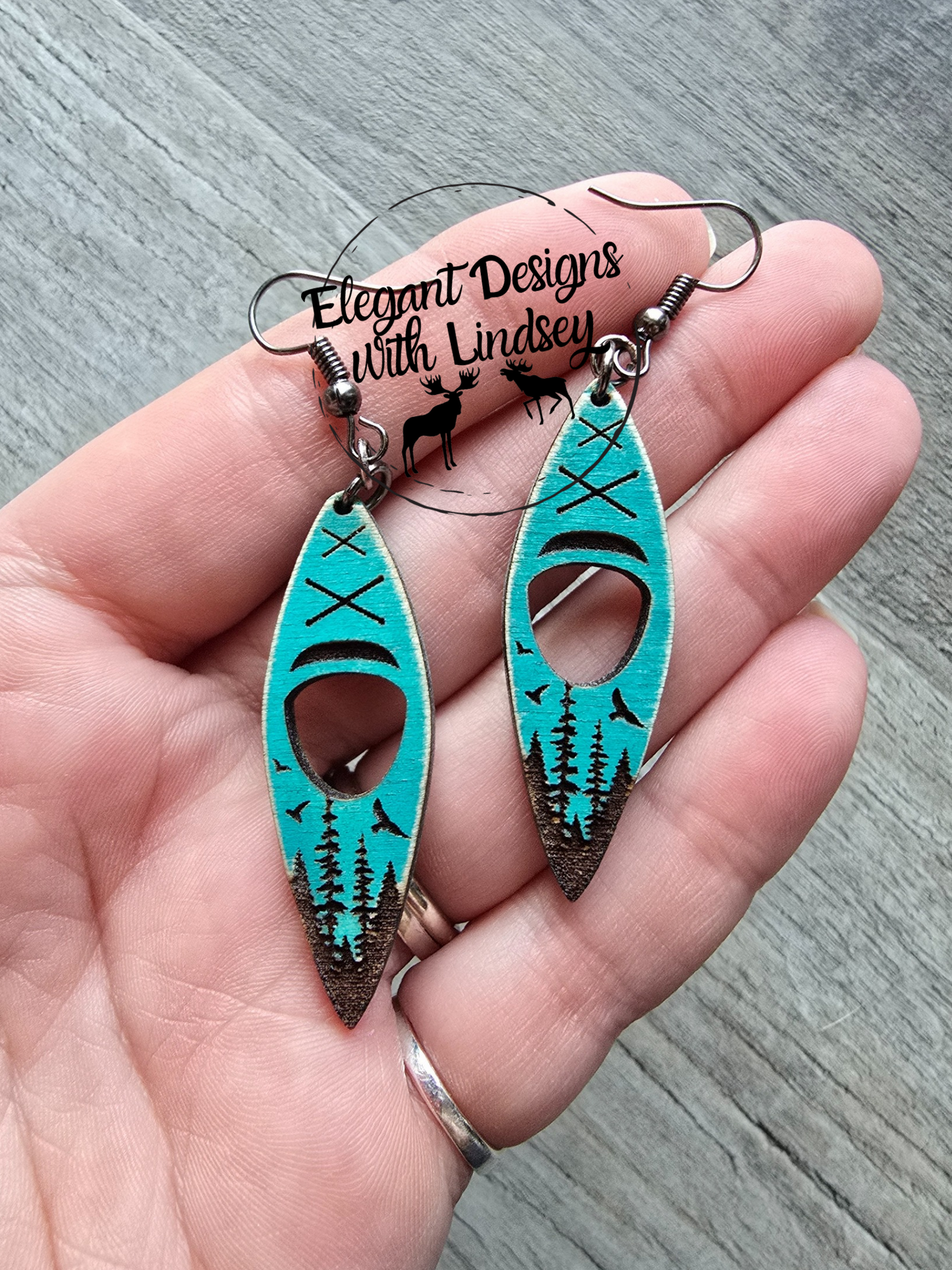 Forest Engraved Kayak Wood Earrings Dark Teal