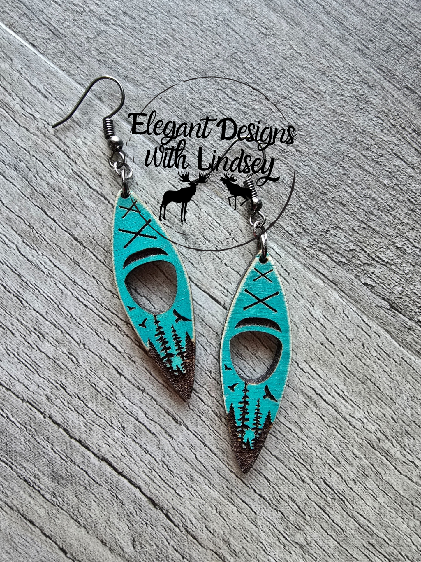 Forest Engraved Kayak Wood Earrings Dark Teal