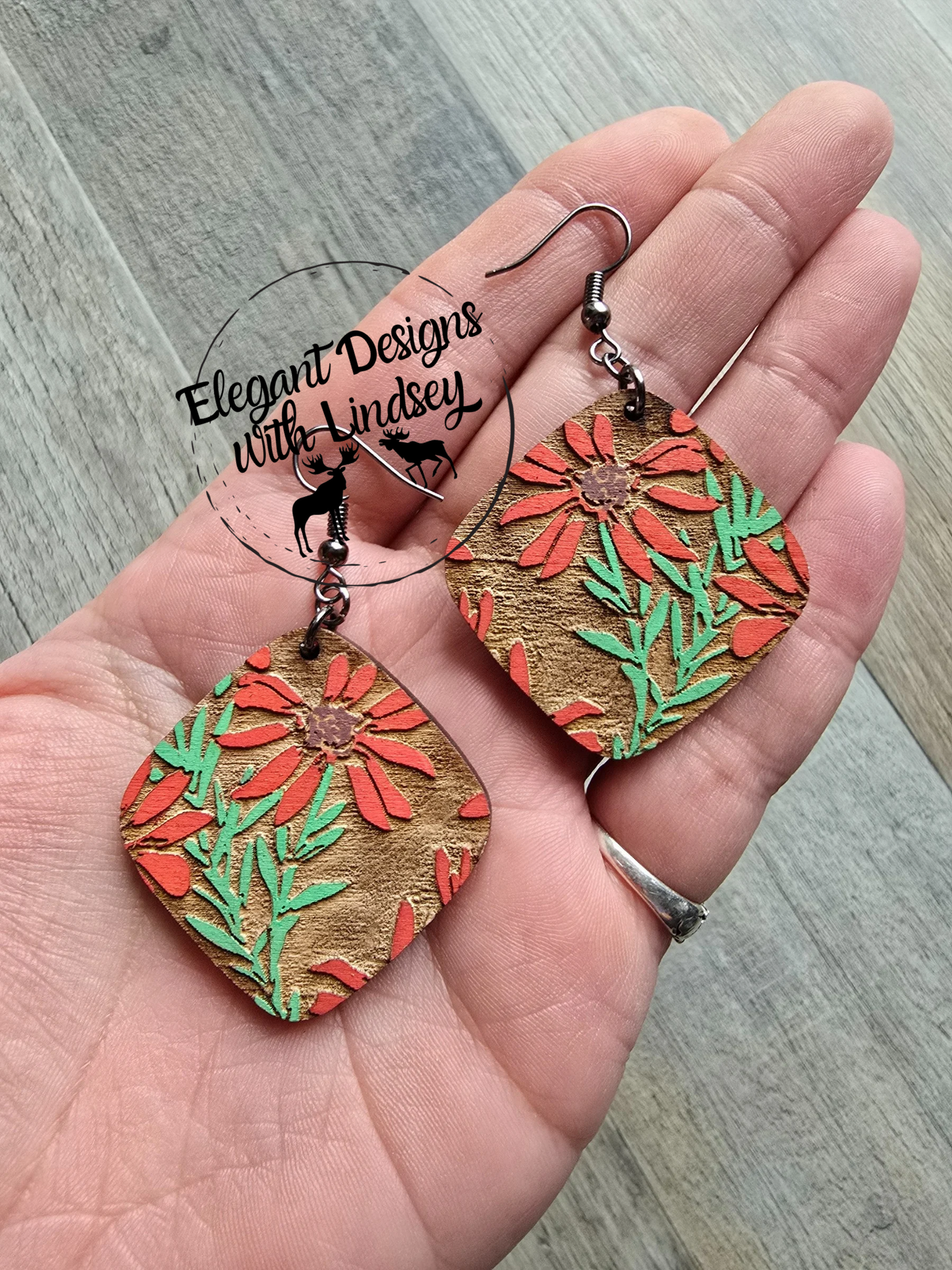 Red Daisy Flower Wood Earrings