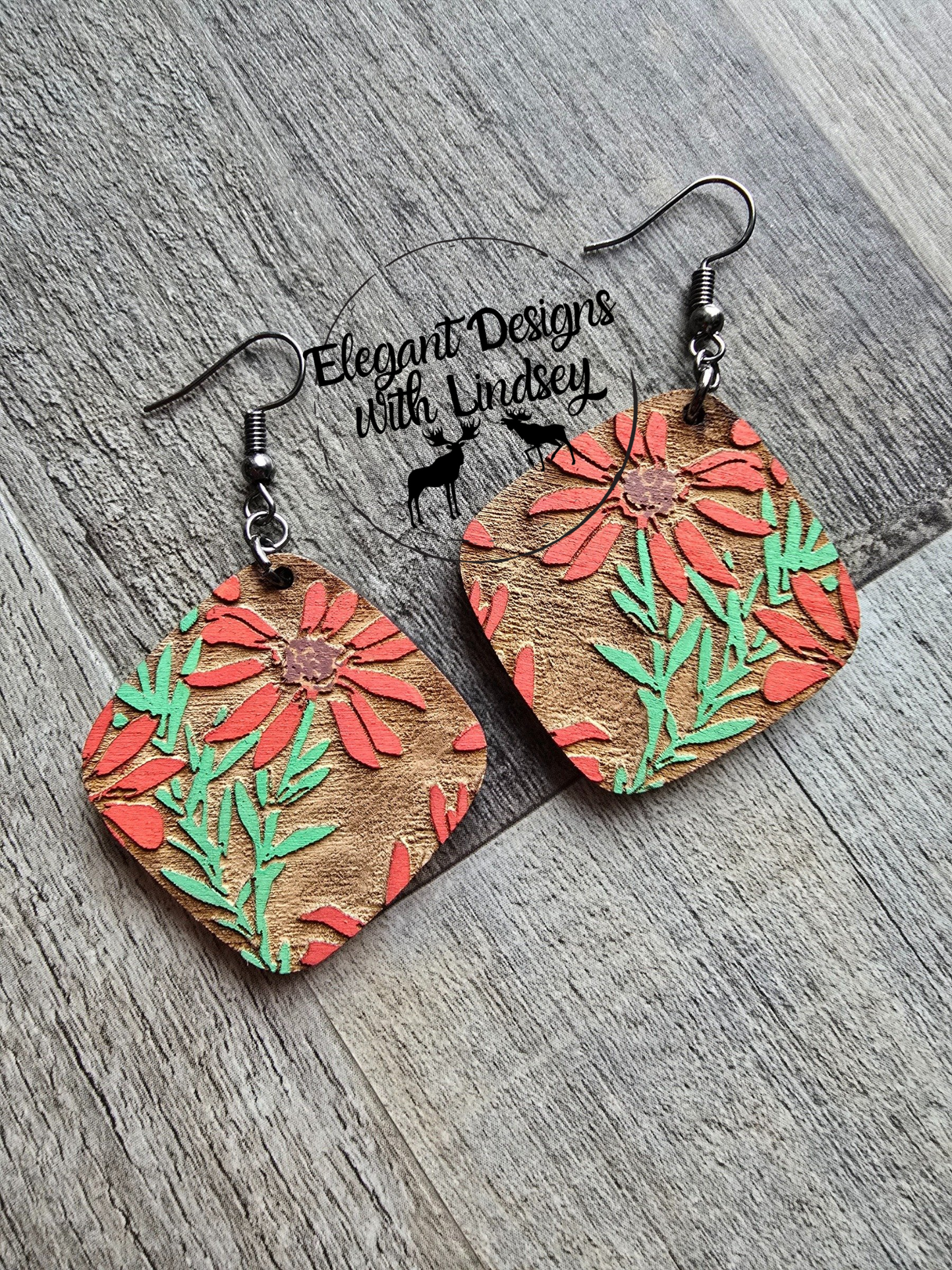 Red Daisy Flower Wood Earrings