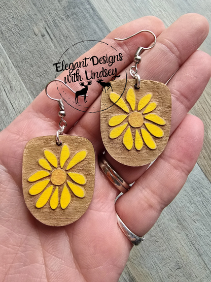 Daisy Boho Dangle Flower Wood Reverse Engraved Earrings