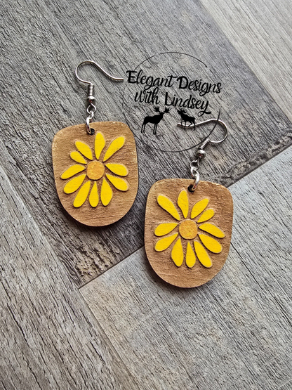 Daisy Boho Dangle Flower Wood Reverse Engraved Earrings