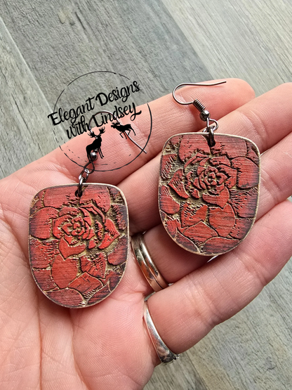 Red Rose Flower Wood Earrings