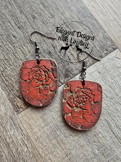 Red Rose Flower Wood Earrings