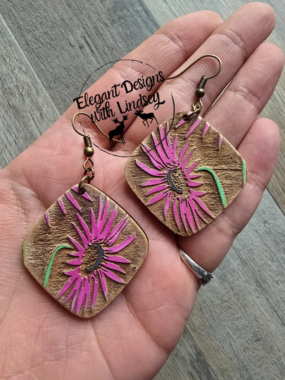 Purple Black Eyed Susan Flower Wood Earrings