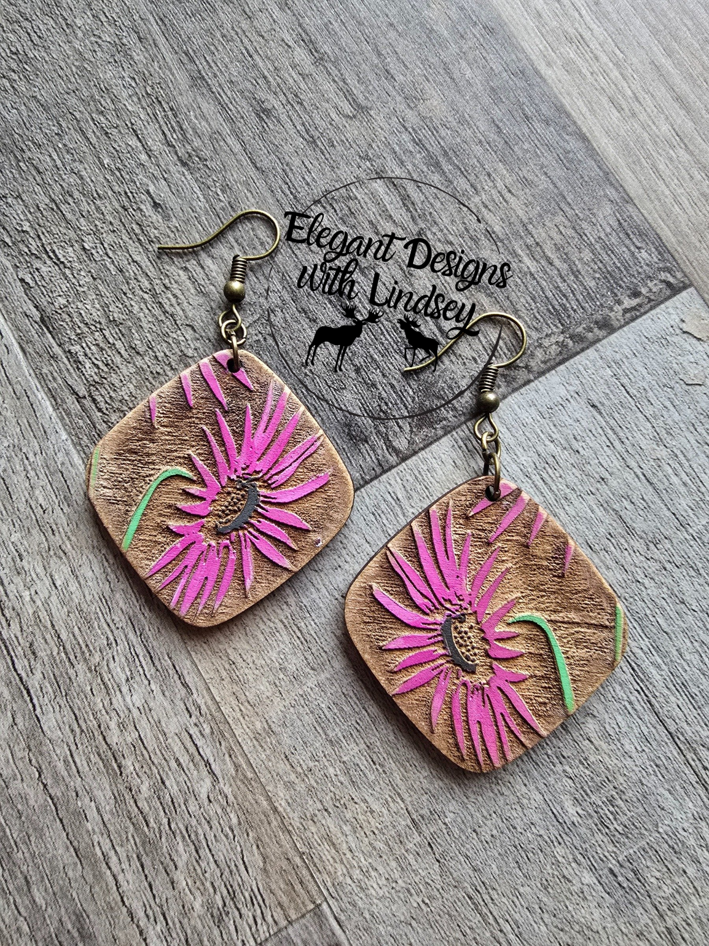 Purple Black Eyed Susan Flower Wood Earrings