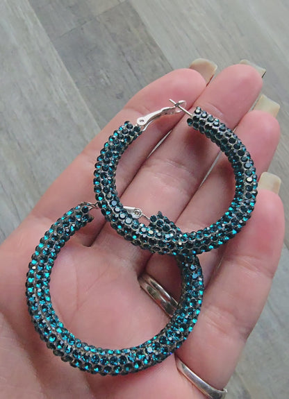 Deep Turquoise Rhinestone Hoop Earrings