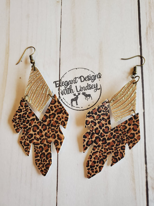 Faux leather gold and cheetah split tribal double tiered earrings