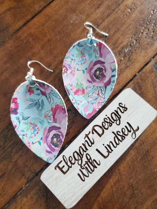 Blue/purple floral Faux leather earrings