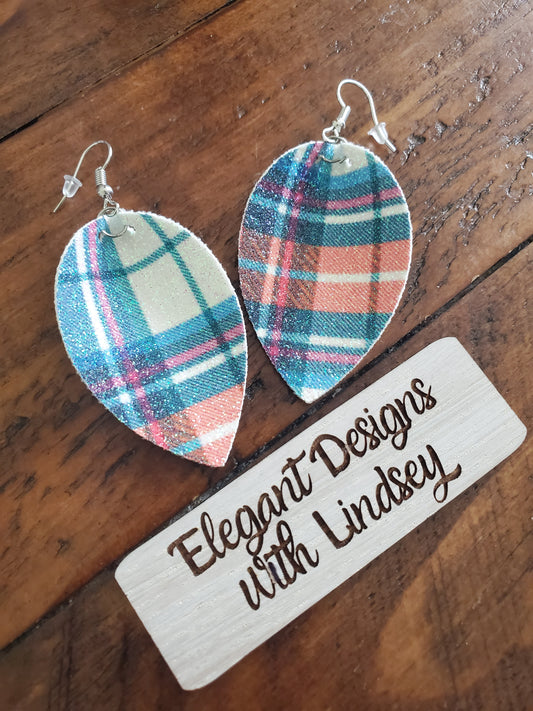 Blue/orange plaid Faux leather earrings