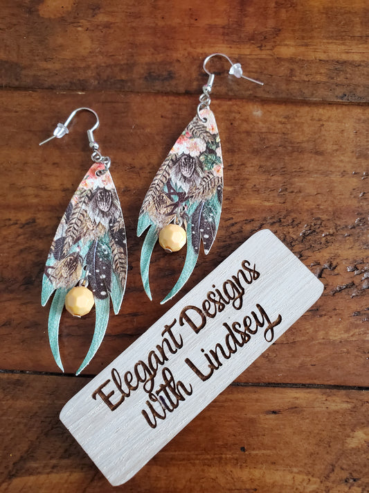 Peacock feather Faux leather earrings