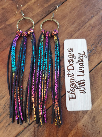 Hoop fringe genuine leather earrings