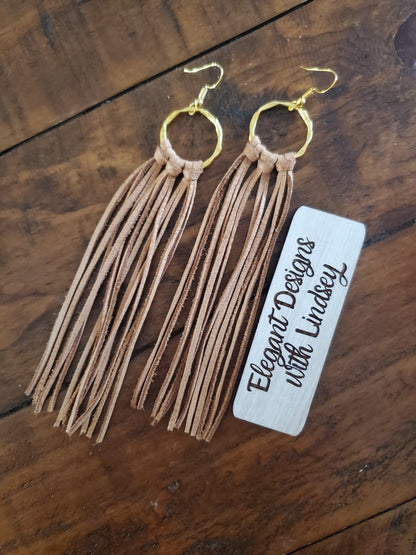 Hoop fringe genuine leather earrings