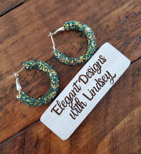 Green/Orange Chameleon Glitter Hoop Earrings