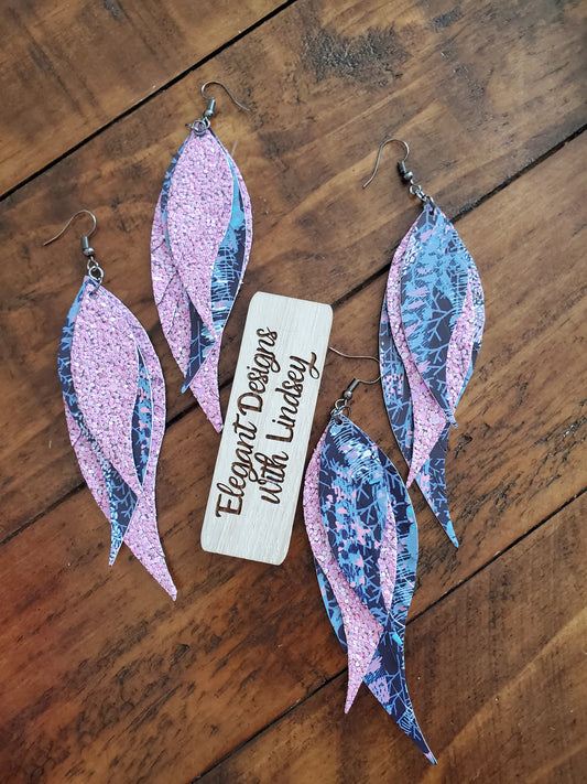 Blue/purple feather faux leather earrings