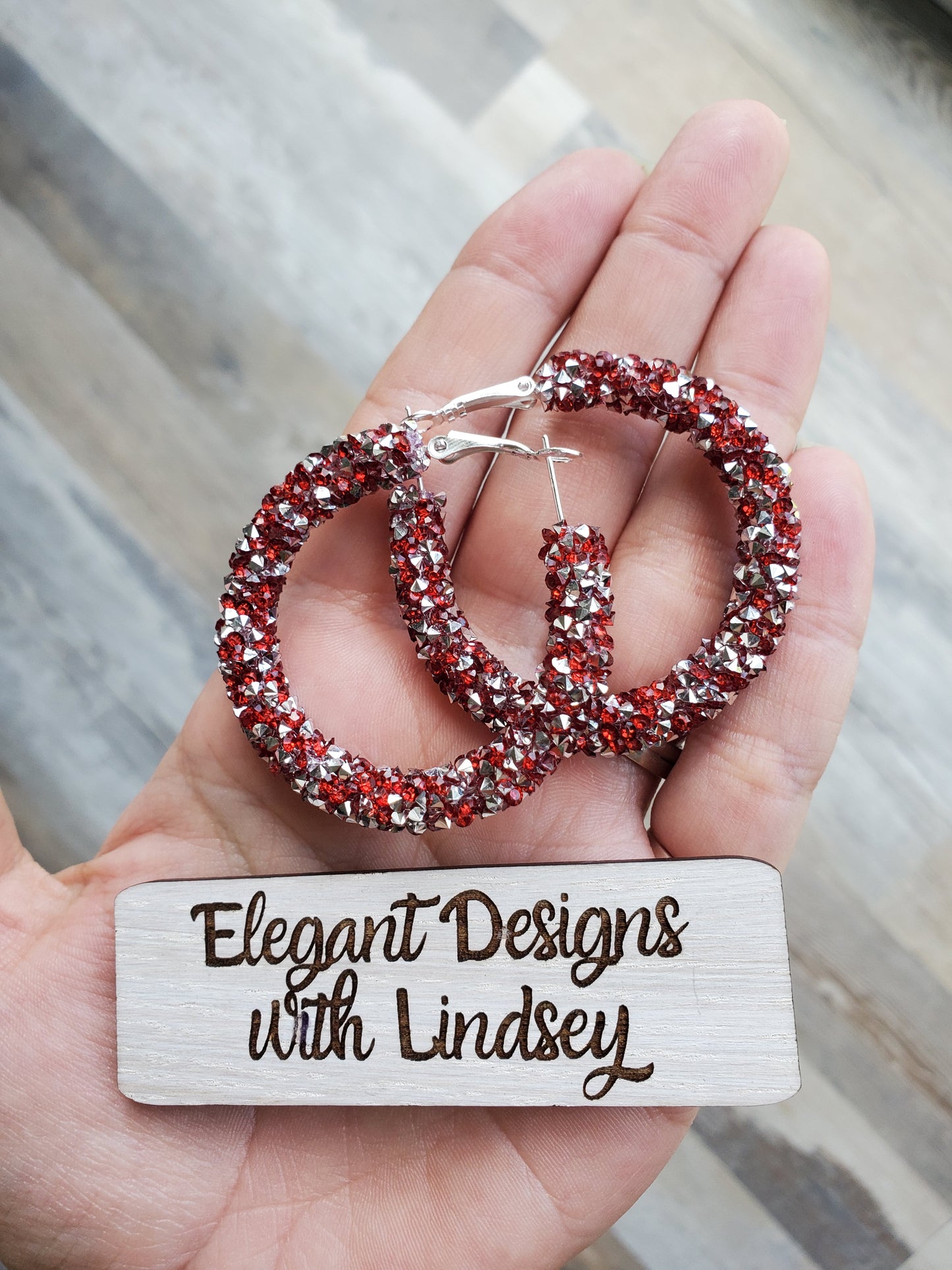 Red/silver chunky rhinestone hoop earrings