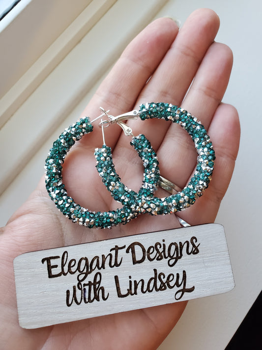 Emerald green chunky rhinestone hoop earrings