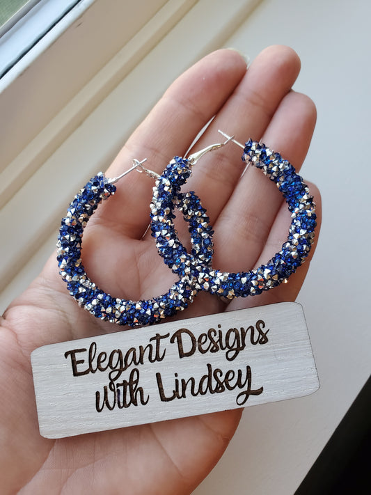 Blue/silver chunky rhinestone hoop earrings