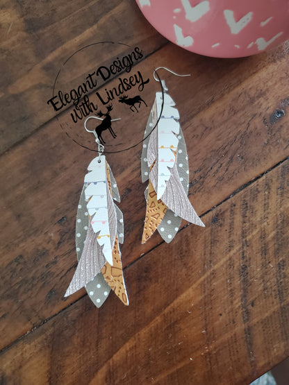 Boho feather faux leather earrings