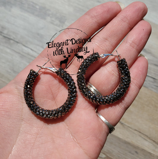 Hematite chunky rhinestone hoop earrings