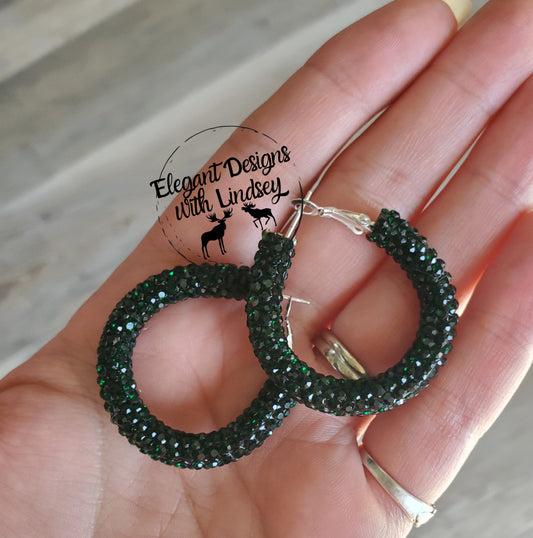 Emerald chunky rhinestone hoop earrings