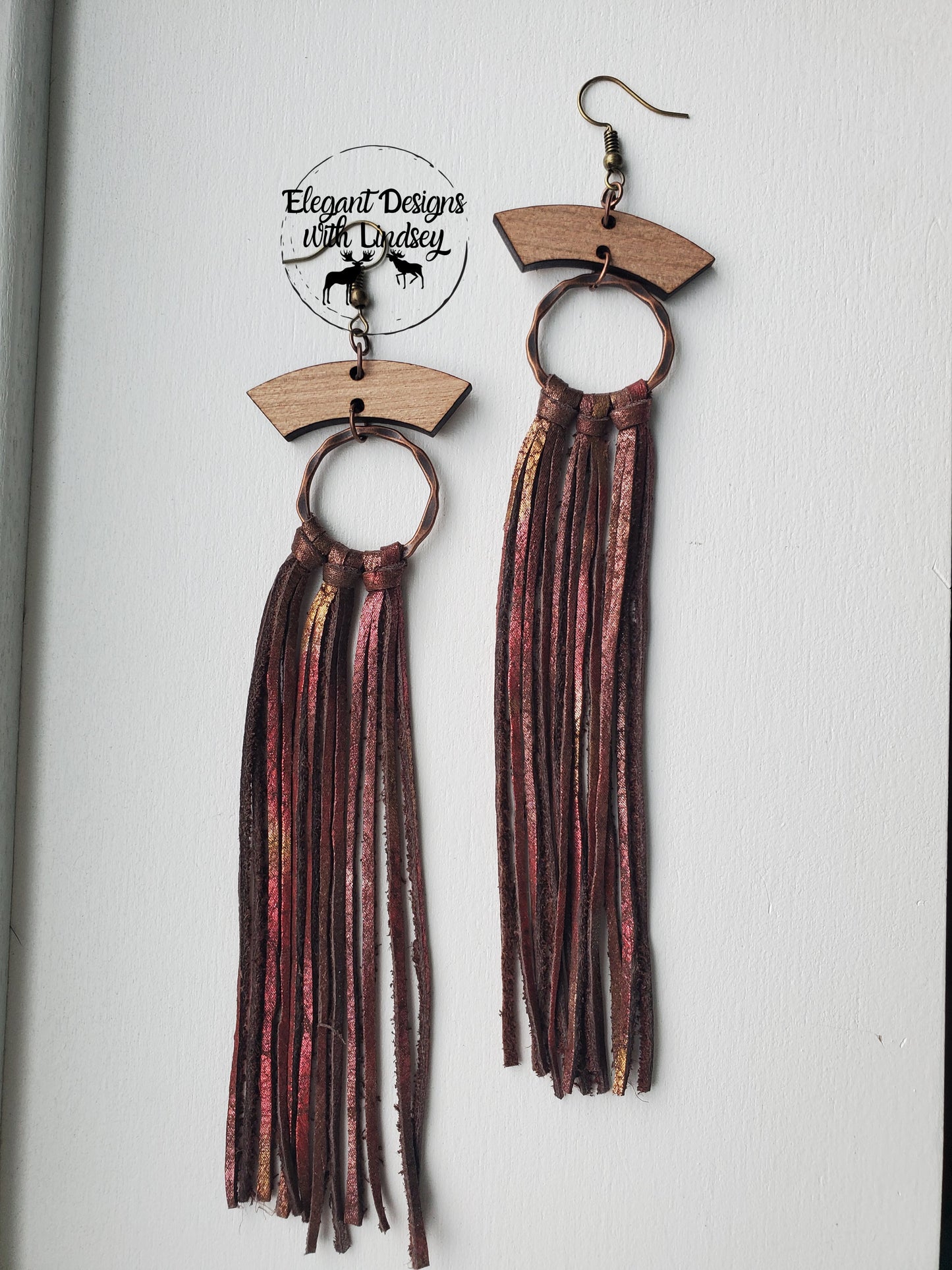 Wood arch hoop fringe genuine leather earrings