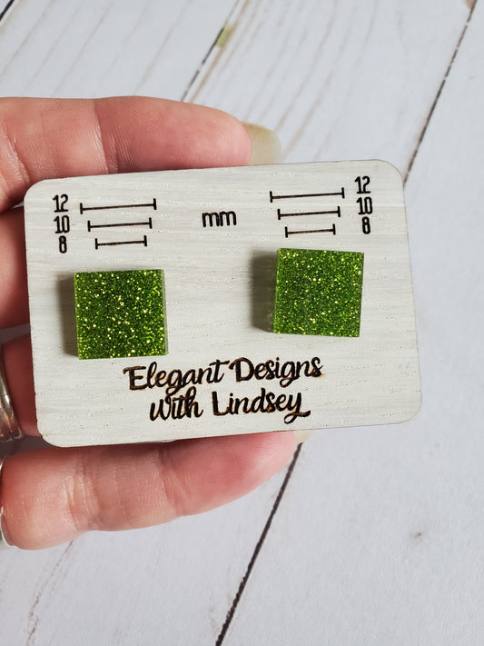 Square Green Glitter Acrylic Stud Earrings