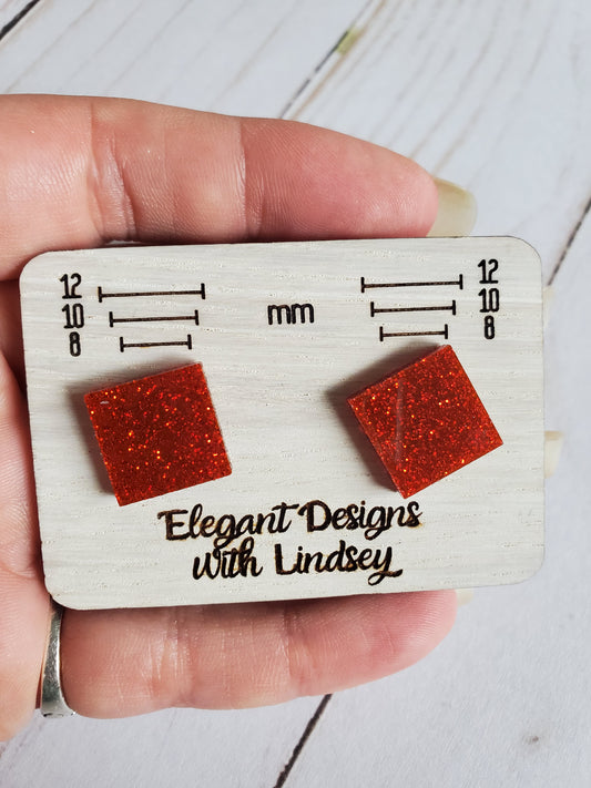 Square Red Glitter Acrylic Stud Earrings