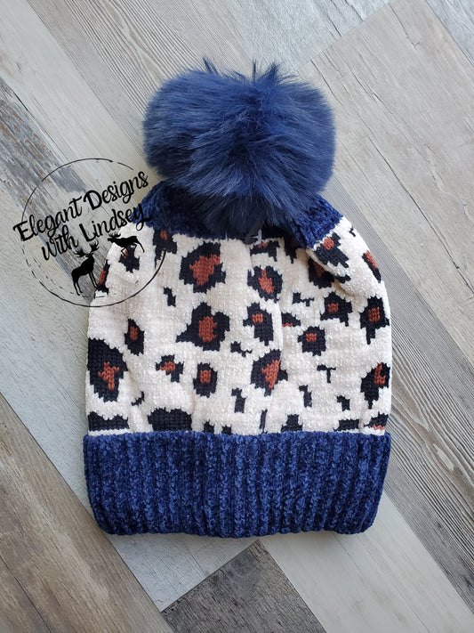 Navy Leopard print winters hat with pom