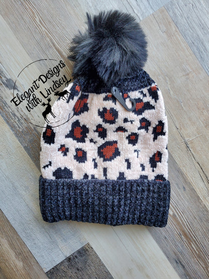 Black Leopard print winters hat with pom